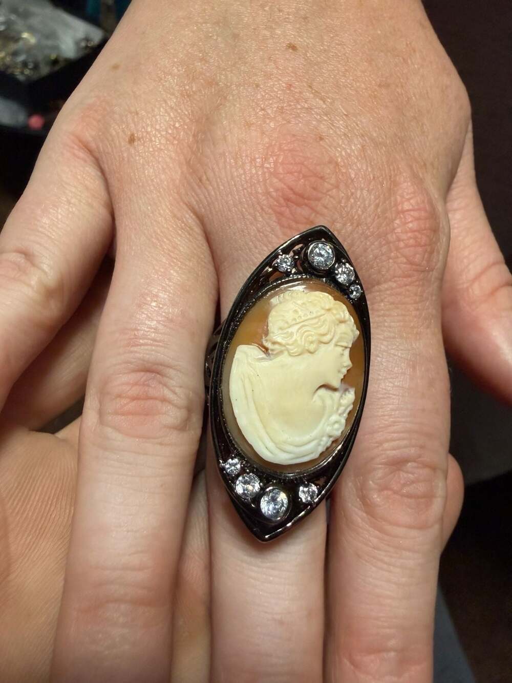 Vintage Carved Shell Cameo Ring With Crystals